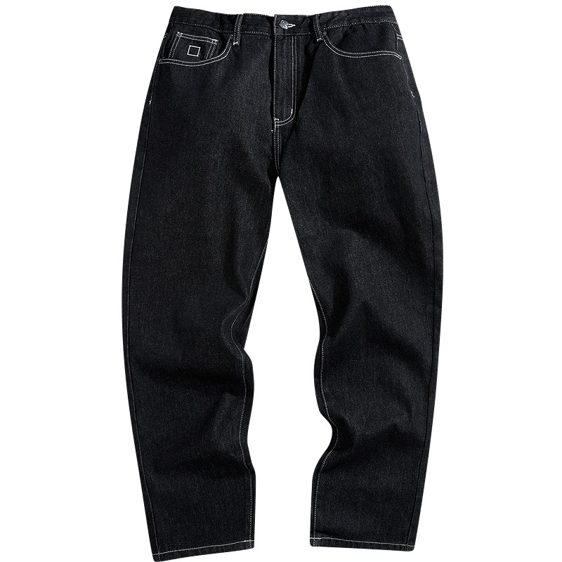 太平鸟男装牛仔裤秋冬季复古水洗黑色牛仔裤明线设计中腰锥形裤潮