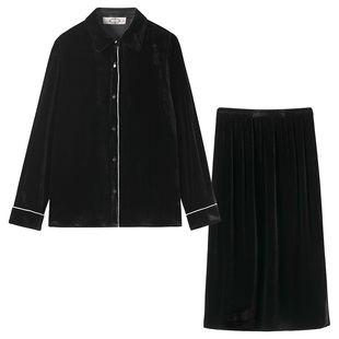 美标金丝绒上衣女秋冬季桑蚕丝睡衣复古可外穿时装真丝里料家居服