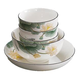 餐具碗碟筷盘子 轻奢简约中国风家用釉中彩微波炉适用 莲年有鱼