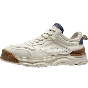 HauttonJeans男鞋春季透气真皮小白鞋男厚底轻便运动鞋男士休闲鞋