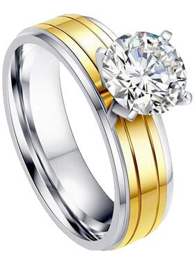 女士镶锆石四爪金色钛钢戒指