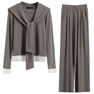 韩系高级感穿搭套装女2026春季绝美休闲运动慵懒风披肩T恤三件套