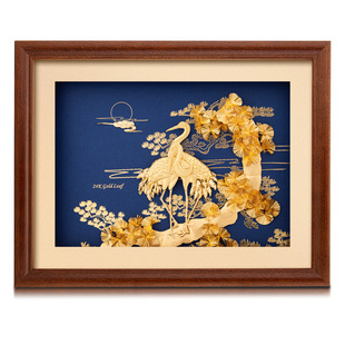 足金金箔松龄鹤寿创意送老人长辈祝寿生日贺寿礼物挂画桌面摆件