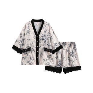 芬腾女士睡衣夏季薄款冰丝短袖带胸垫套装女款高级感蕾丝边家居服