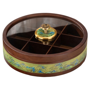 九宫格实木干果盒新中式高颜值家用客厅分格坚果零食旋转收纳果盘