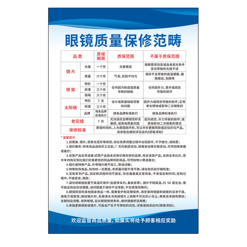 眼镜店售后服务承诺公示牌