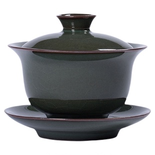 龙泉青瓷三才盖碗茶杯大号铁胎冰裂陶瓷泡茶手工功夫茶具单个家用