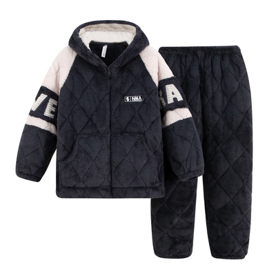 男士睡衣冬季珊瑚绒三层夹棉加厚加绒秋冬款法兰绒保暖家居服套装