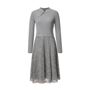 【烟雨蝶舞】VGRASS 秋季新款假两件艺术蕾丝镶拼气质连衣裙