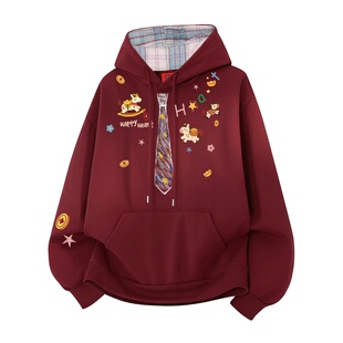 查尔斯桃心马年迎春红色连帽卫衣男春秋季小马领带印花情侣上衣