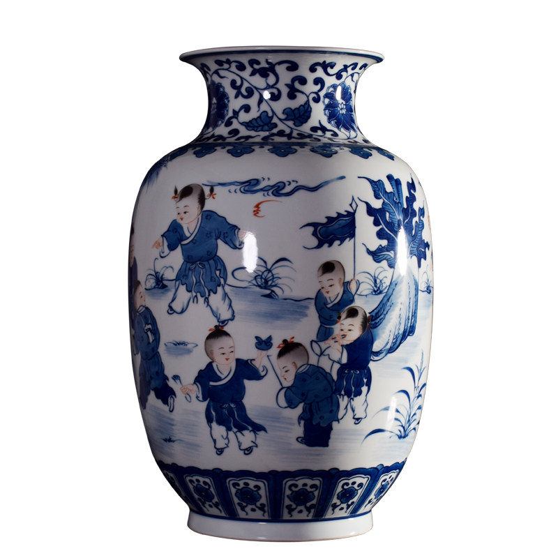 景德镇陶瓷器 仿古青花瓷婴戏图花瓶花插 博古架桌面摆件家居饰品