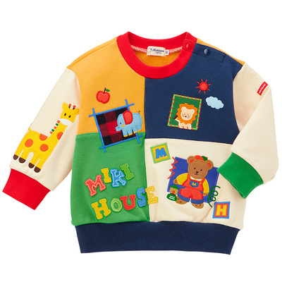 MIKIHOUSE日本制儿童卫衣经典小熊太阳刺绣好朋友圈圈棉拼色上衣