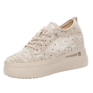 圣恩熙 女鞋内增高蕾丝网面透气亮片镂空一脚蹬时尚休闲鞋厚底7cm