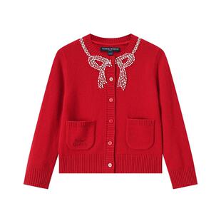 TeenieWeenie Kids小熊童装26年女童甜美可爱红色纯羊毛开衫毛衣