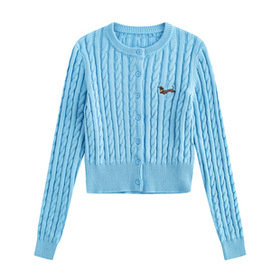 riverstone plus 多巴胺腊肠狗刺绣圆领毛衣女麻花纹短款针织开衫