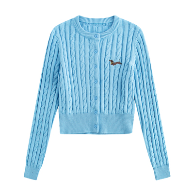 riverstone plus 多巴胺腊肠狗刺绣圆领毛衣女麻花纹短款针织开衫