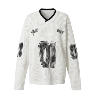 BAK原创粗棒镂空街头针织衫女春秋毛衣印花长袖潮流宽松休闲上衣