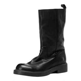 秋冬新款头层水洗牛皮复古中筒骑士靴女全真皮圆头厚底宽筒直筒靴