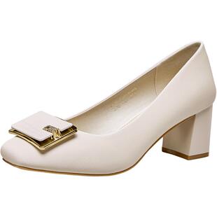 YRC法式晚风单鞋女士粗跟鞋春季新款通勤方头优雅方扣高跟鞋