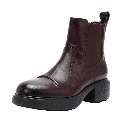 哈森褶皱羊皮切尔西靴女秋冬新款粗跟套脚烟筒靴HWA240117