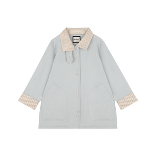 Amybaby女童上衣春季2026新款复古撞色拼接polo领风衣外套
