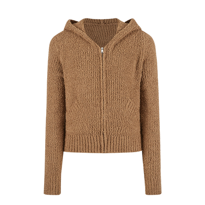 泰迪绒感慵懒连帽针织毛衣外套女