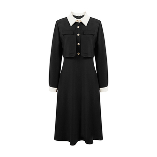 秋水伊人文艺气质假两件连衣裙2025年冬季新款女装简约小个子黑裙