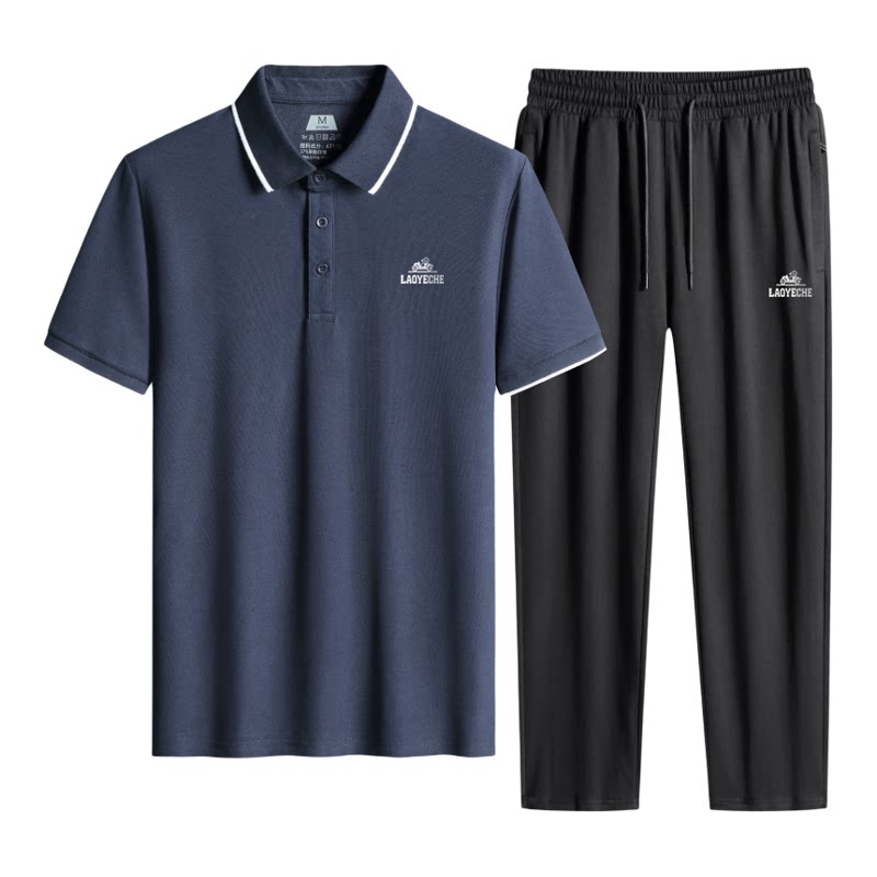 老爷车 夏季棉爸爸套装男休闲短袖T恤中老年运动服POLO衫长裤宽松