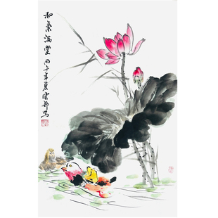纯手绘国画代画荷花清正廉洁主题挂画手工文创绘画清廉作品真迹