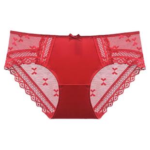 新款大红色内裤女生性感蕾丝本命年结婚无痕低腰三角底裤头纯棉档