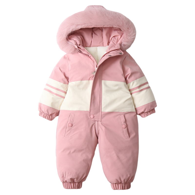 拼色连帽加绒加厚滑雪服婴幼儿童连体衣2025冬季新款宝宝爬服防水