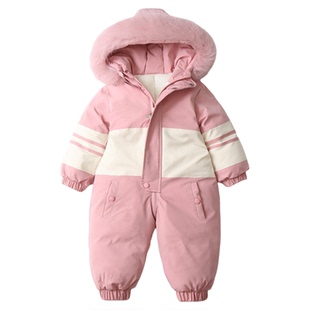 拼色连帽加绒加厚滑雪服婴幼儿童连体衣2025冬季新款宝宝爬服防水