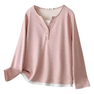 春秋新款大码女装胖mm假两件宽松显瘦休闲打底衫女厚T恤正肩上衣