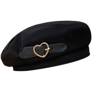 日系甜美爱心金属扣黑色贝雷帽子女夏季透气复古优雅气质画家帽潮