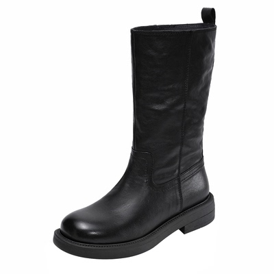 头层牛皮中筒靴女轻便平跟马丁靴