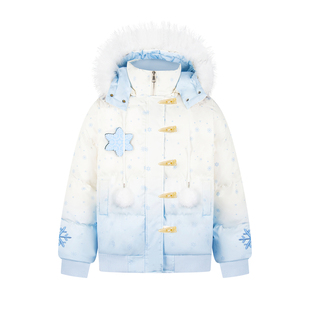 文文不乖魔术贴雪花渐变毛领棉服冬季加厚保暖连帽面包服棉服外套