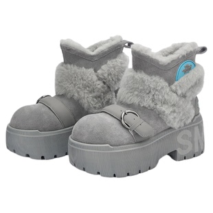 SMILEY笑脸短款灰色秋冬厚底增高包头中筒加厚保暖大头雪地靴鞋子