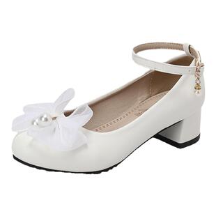 女童白色皮鞋公主鞋儿童高跟鞋演出鞋国潮风小女孩走秀旗袍单鞋子