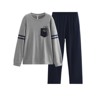 芬腾男士睡衣春秋季新款纯棉圆领长袖套装青年休闲宽松大码家居服