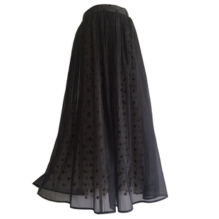 景甜同款夏款黑色圆点真柔丝长半身裙大摆网纱透视波点ins超火