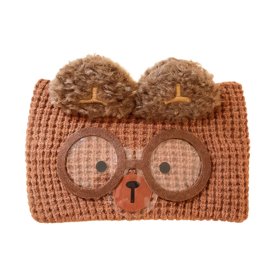 儿童毛线针织小熊发带女童秋冬咖色护额头巾小女孩护脑门头套发箍