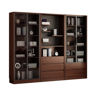 新中式实木书柜储物柜一体家用客厅展示柜置物架胡桃色整墙落地柜