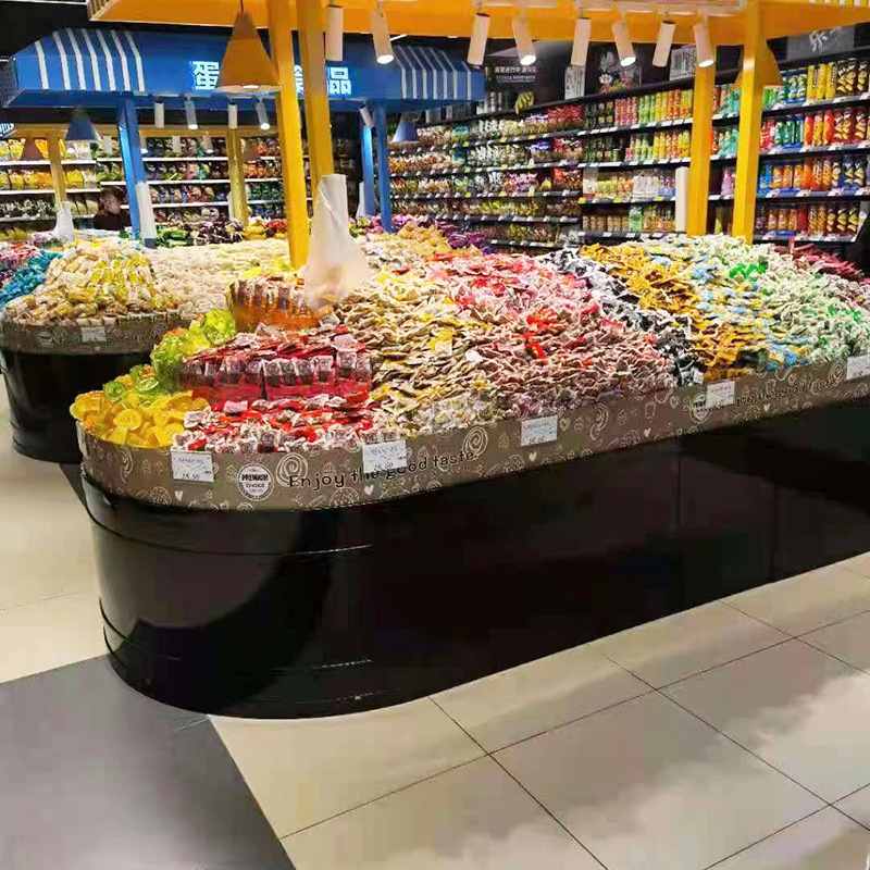 超市双面四层散称柜货架散装糖果圆形休闲零食饼干岛食品展示柜中
