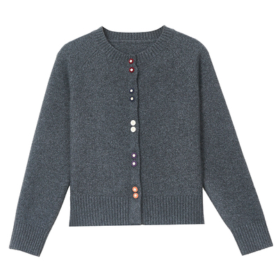 恒源祥羊毛短款圆领纽扣开衫女