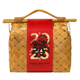 马年新年礼盒包装高级烘焙糖果饼干春节年货手提竹篮空礼品盒定制