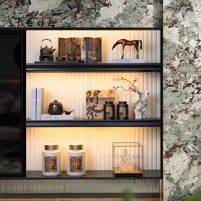 新中式样板间民宿书柜博古架锤纹提梁壶密封罐小屏风软装饰品摆件