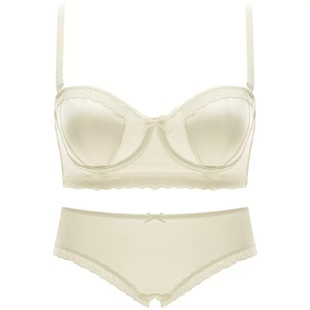 小精致轻奢性感绸缎内衣少女软钢圈半杯小胸聚拢上托薄杯文胸套装