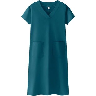 孔雀蓝色大码短袖连衣裙女春夏季中长款宽松v领胖mm显瘦遮肚裙子