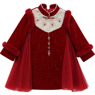 女童旗袍裙冬装新款洋气儿童喜庆红色拜年服小女孩夹棉连衣裙