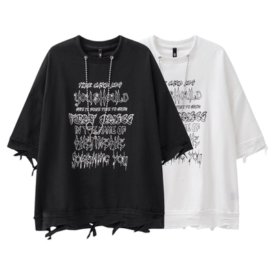 TIDE CARD LOG夏季260g烧花字母破摆街链条宽松情侣款短袖T恤潮